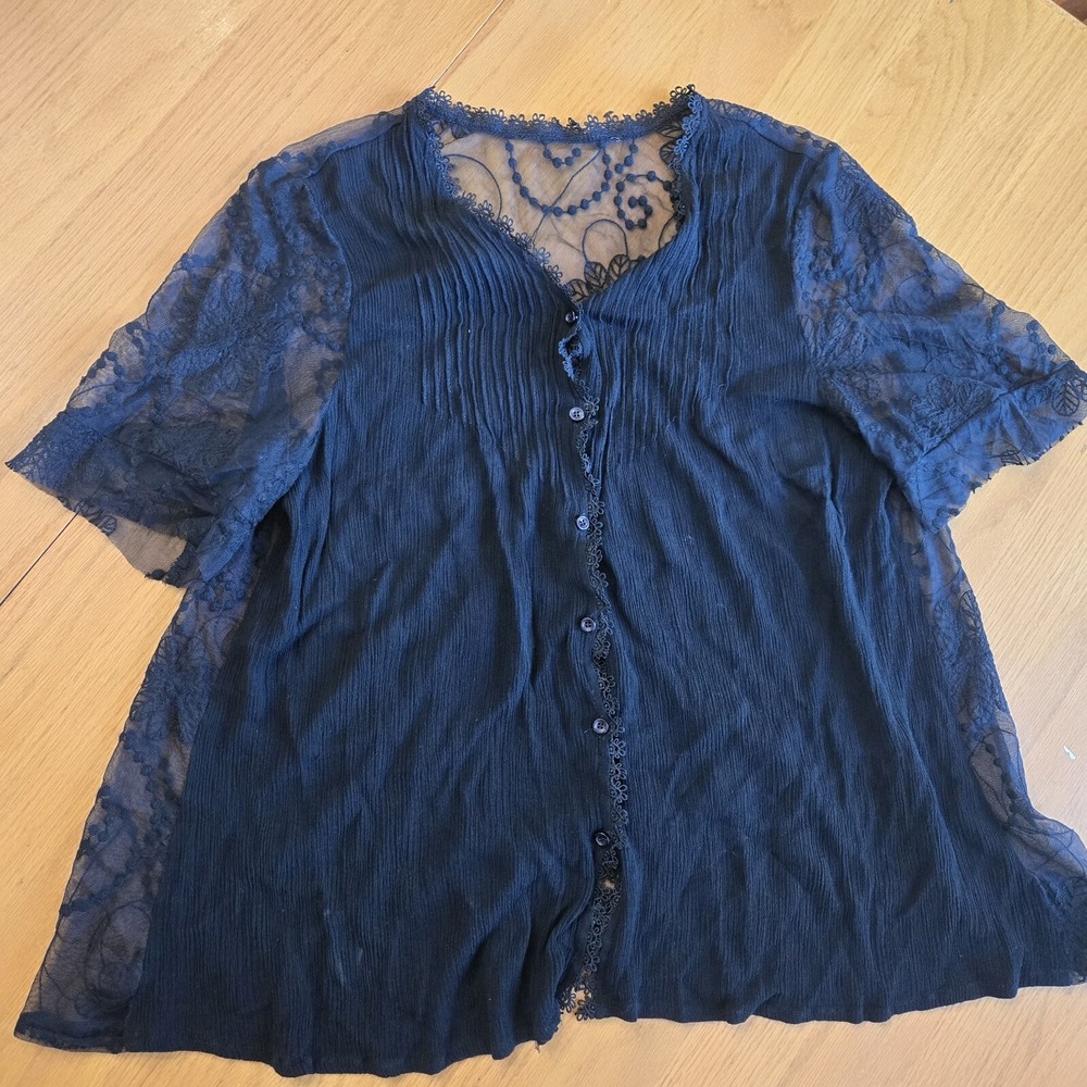 VTG Y2K Sheer Boho GOTH Black Lace Mesh Button Down Slouchy Whimsigoth XL Fairy